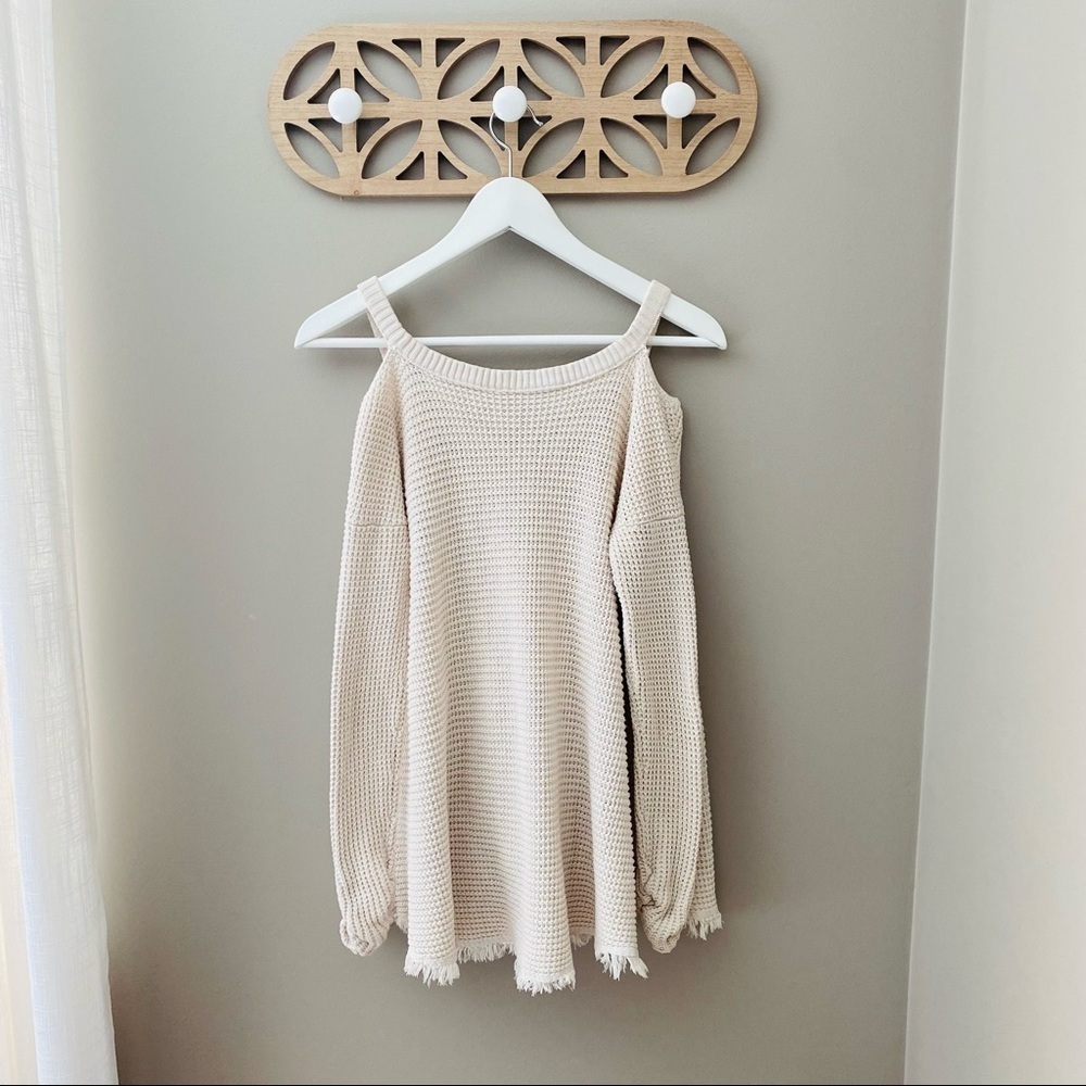 Free People Cold Shoulder Waffle Knit Sweater Cream Sz XS - Picture 8 of 10
